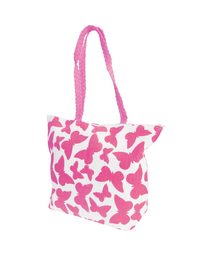 Image for FLOSO Womens/Ladies Straw Woven Butterfly Print Top Handle Handbag (White/Fuchsia)