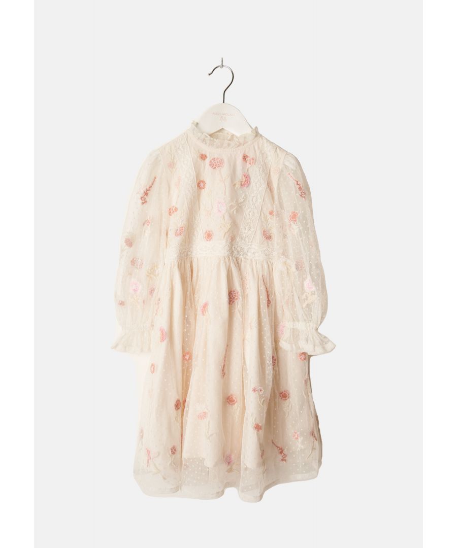 Intricate embroidery on a beautiful diaphanous mesh fabric lends a whimsical feel to this transitional Midi dress. The gorgeous neutral and soft pink hues suit a variety of skin tones. Ivory. About me: 100% Polyester. Look after me: Think planet. wash at 30c.