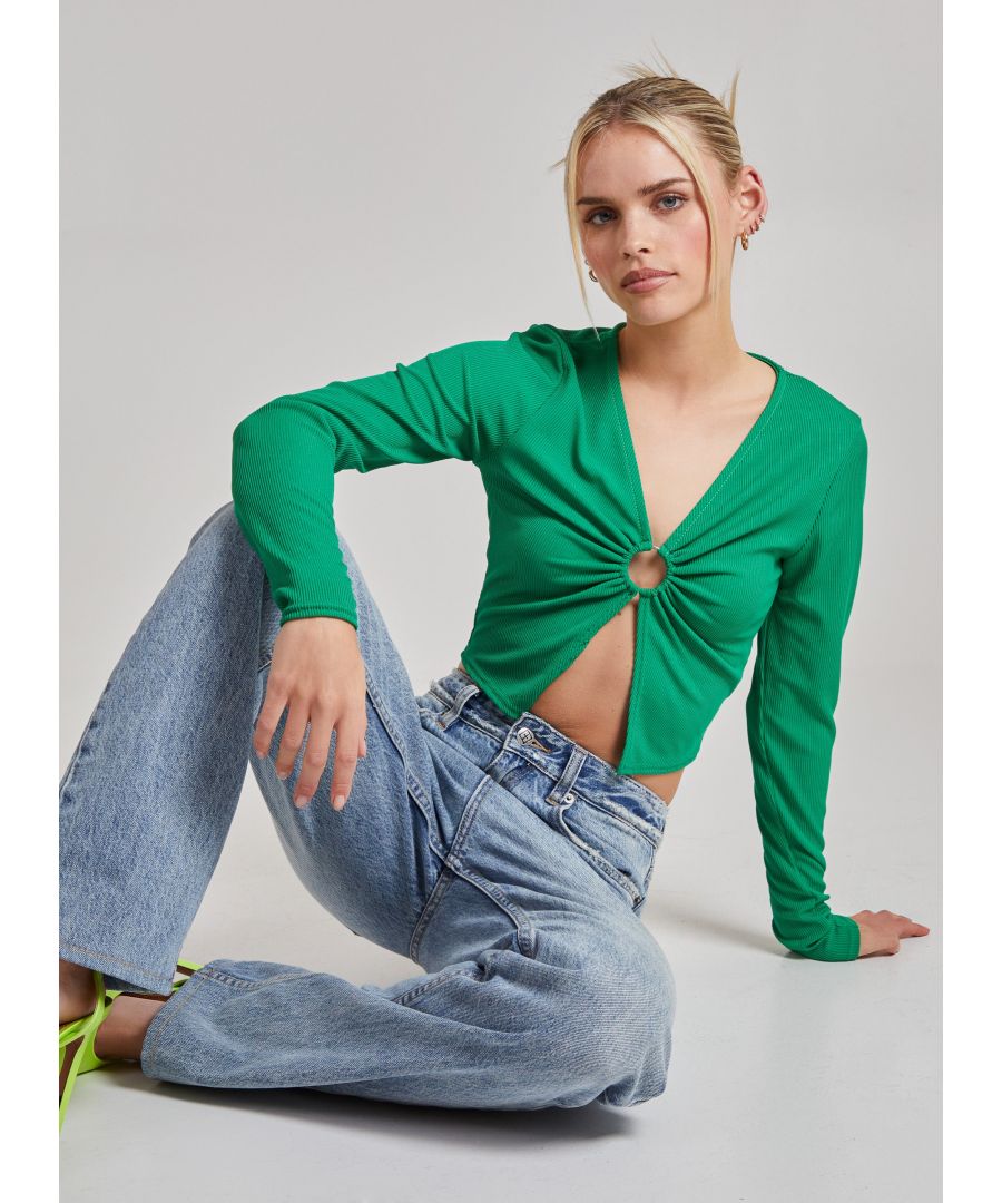 Pink Vanilla Womens Long Sleeve Cut Out Ribbed Top - Green - Size Medium