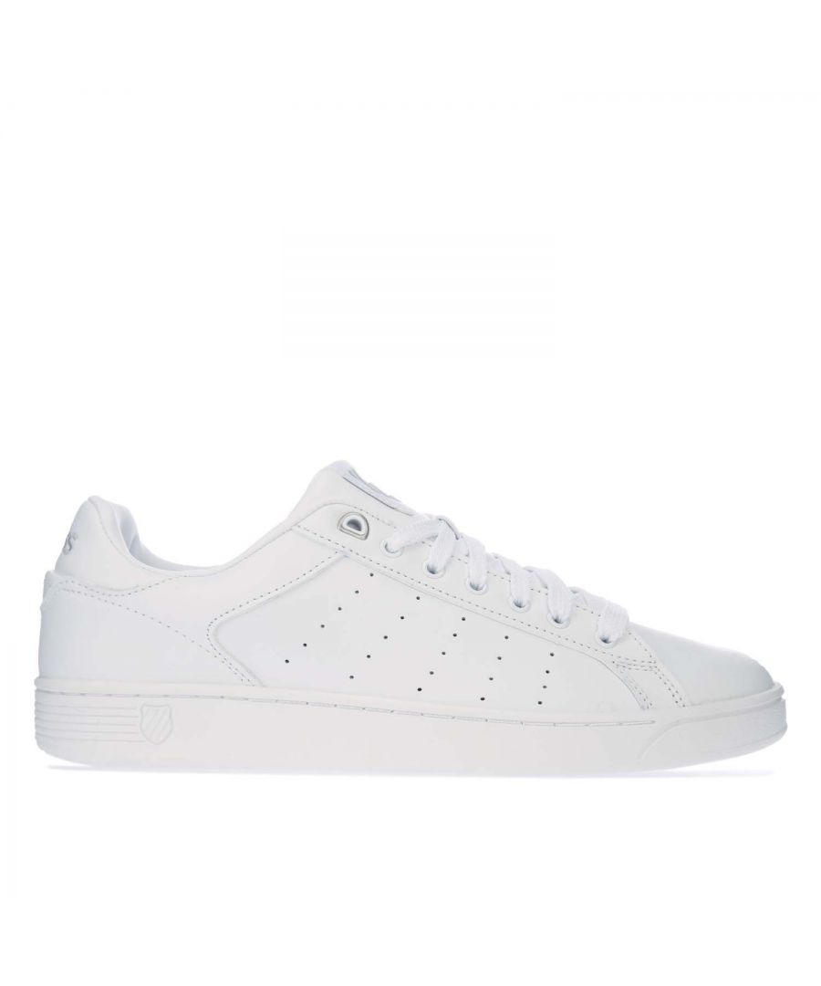 Mens K- Swiss Clean Court CMF Trainers in white grey.-Leather upper.- Lace closure.- Padded tongue and collar.- K Swiss branding to the tongue and heel.- Textile collar lining.- Memory foam insole.- Rubber outsole.- Leather upper  Textile lining  Synthetic sole.- Ref: 05353131