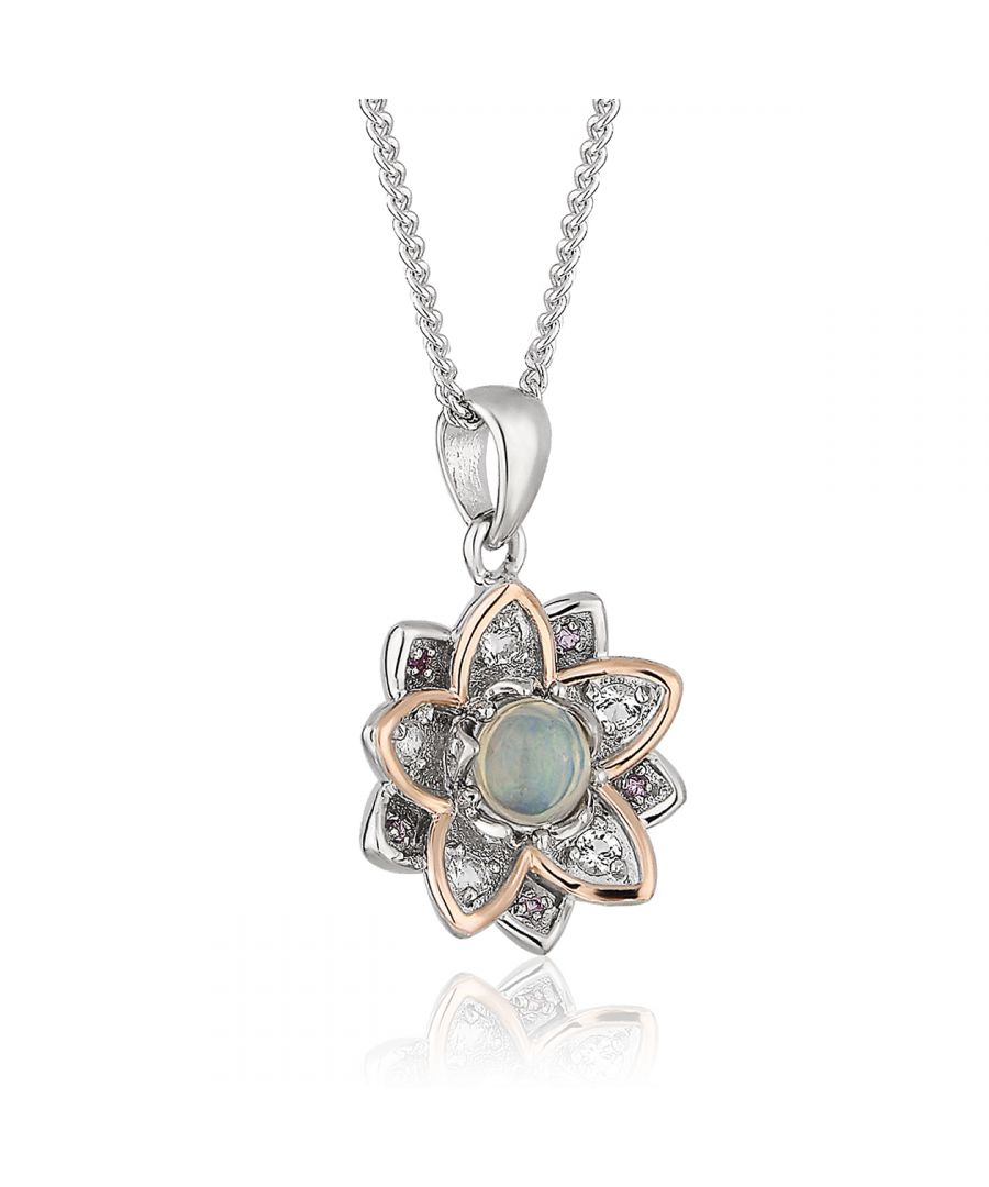 Our brand new Lotus collection takes its inspiration from the beautifully bright lotus flower.The fire of the opal is enhanced by pink and white topaz brought together by sterling silver and 9ct rose gold this beautiful Lotus pendant mirrors the clean beauty of the lotus flower against the deep and mystical waters from which it emerged. Available on a 22