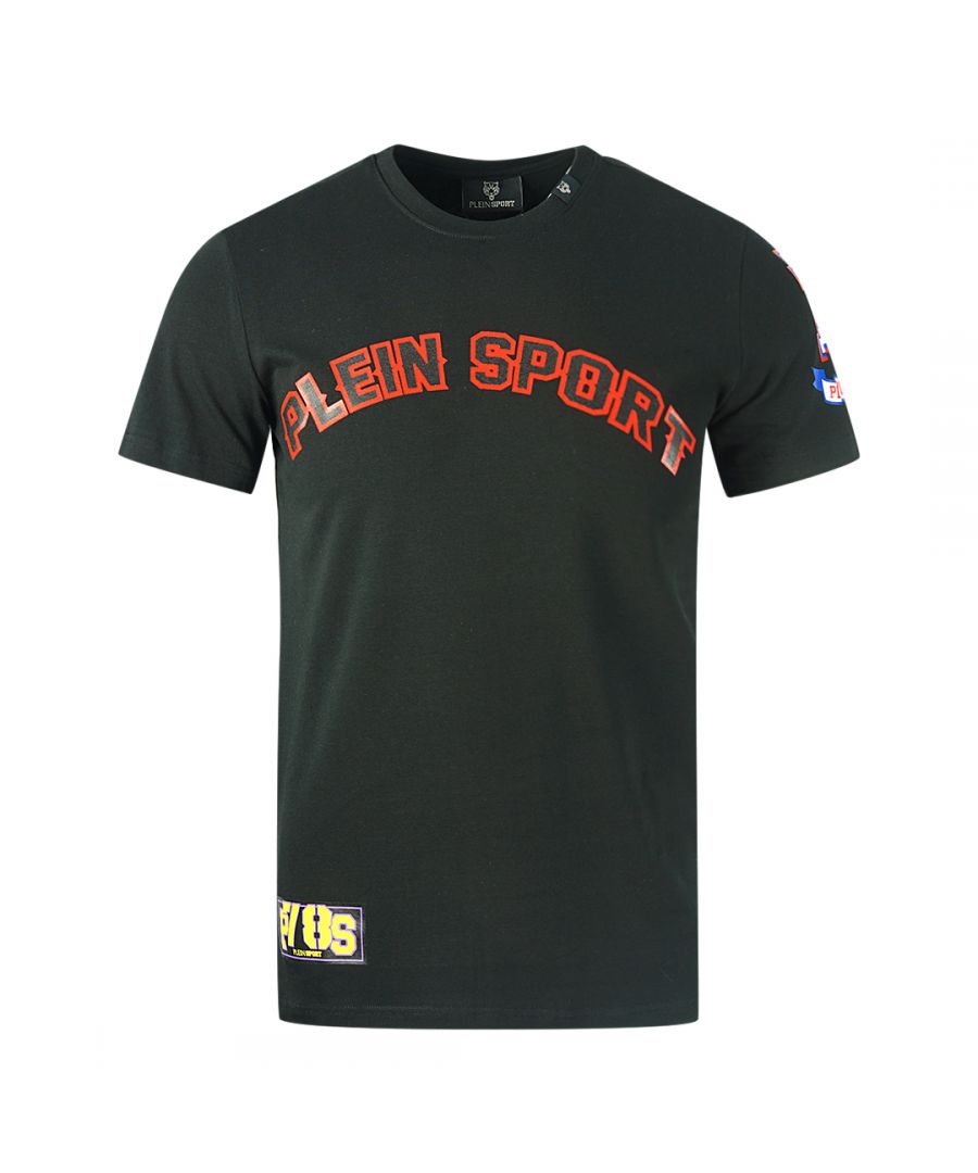 Philipp Plein Sport Mutli Logo Black T-Shirt. Philipp Plein Sport Black T-Shirt. Stretch Fit 95% Cotton, 5% Elastane. Made In Italy. Plein Branded Badges. Style Code: TIPS117 99