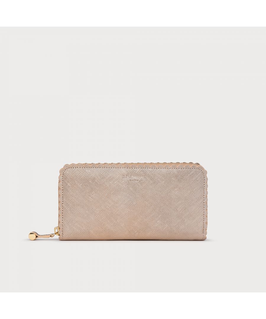Upgrade your accessories collection with our beautiful Kenza purse. Crafted from gold saffiano leather, this longline design has multiple card compartments, a zipped coin purse, zips around the outside and is finished with a scalloped-edge and gold hardware touches. Matching to other pieces in our collection, slip it into your favourite spring handbag and go.