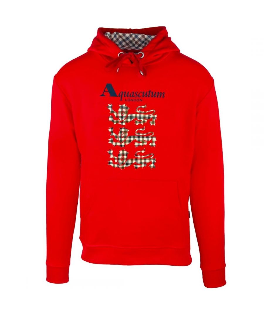 Aquascutum Check Triple Lion Logo rode hoodie. Aquascutum rode hoodie. Elastische mouwuiteinden en taille, capuchon met trekkoord. Sweatshirt van 100% katoen, grote kangoeroezak. Normale pasvorm, valt normaal qua maat. Stijlcode: FCIA21 52