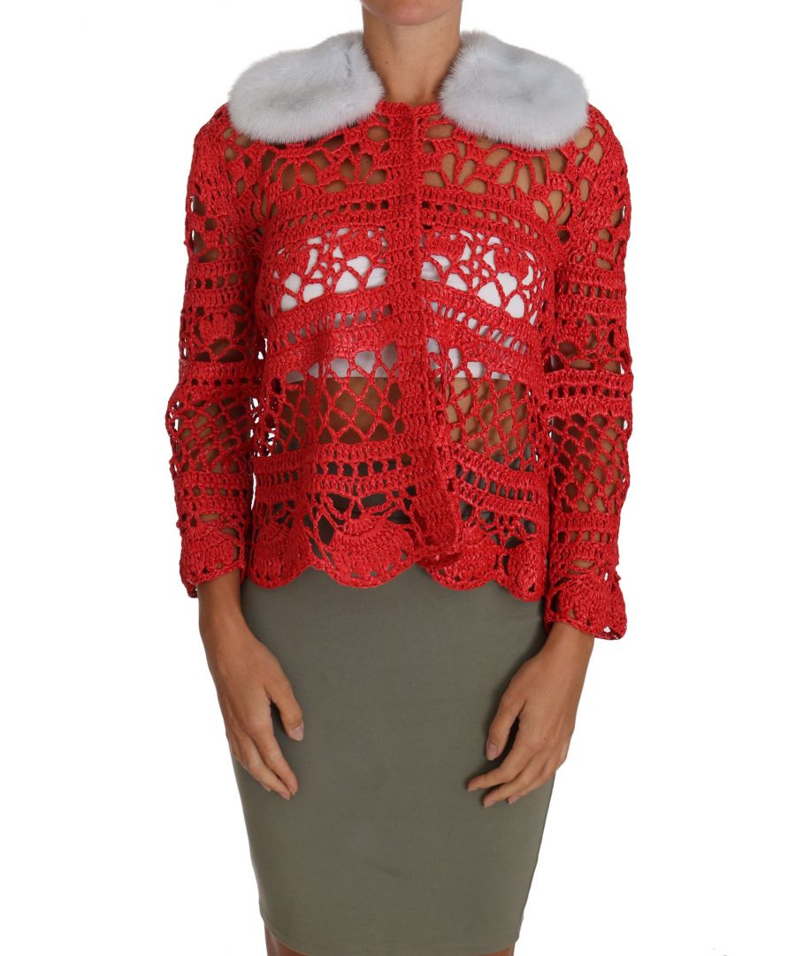 Dolce & ; Gabbana Gorgeous brand new with tags, 100% Authentic DOLCE & ; GABBANA red crochet knitted raphia cardigan with real fur collar Model : Knitted cardigan Color : Red Snap button closure Real fur collar Logo details Made in Italy Very exclusive and high craftsmanship Material : 100% viscose
