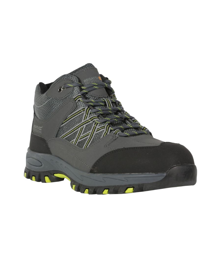 Midsole: Flexible. Fastening: Lace Up. Fabric Technology: Oil Resistant, Water Resistant. Padded Ankle, Padded Tongue. Flat Heel. Cut: Mid Cut. Design: Contrast, Logo. Toe Style: Steel Toe Cap.