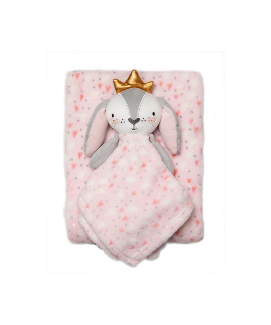 This adorable Snuggle Tots comforter and blanket set make the perfect gift for the little one in your life. The two-piece set features a beautiful, fluffy blanket with a heart print and a comforter with the same print with a cuddly bunny toy attached. This set makes a lovely baby shower present.