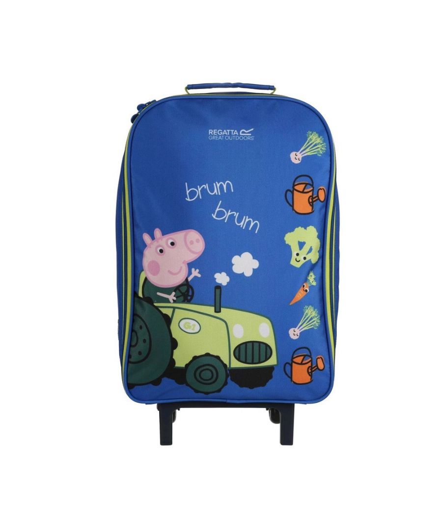 100% Polyester. Handle Features: Telescopic. Carry Handle, Durable Wheels, Hardwearing Feet, Padded, Retractable Handle. Fastening: Two Way Zip. Design: Carrot, Logo, Text, Tractor, Watering Can. Compartments: 1 Main Compartment. Pockets: Internal, Mesh Lined, Stow Pocket. Capacity: 12L. 100% Officially Licensed. Characters: George Pig. Hardwearing.