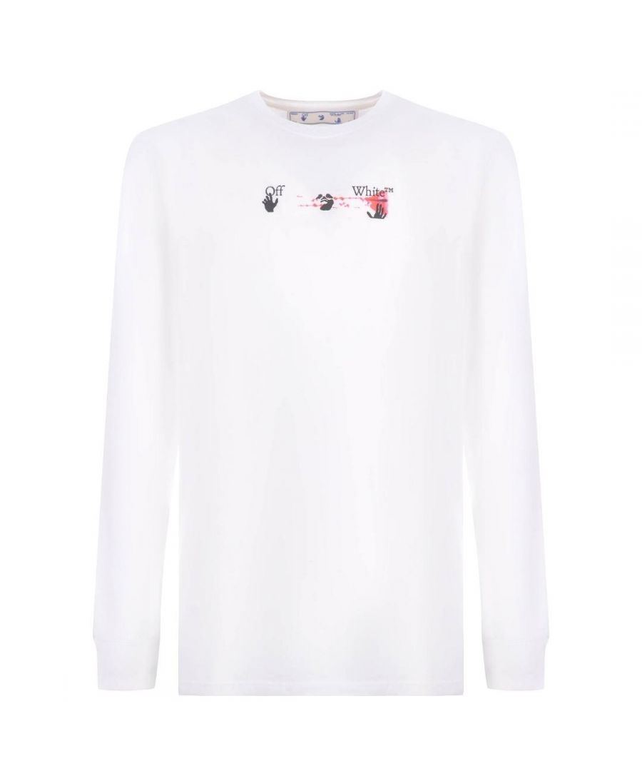 Off-White Long Sleeve Acrylic Arrow Logo White T-Shirt. Off-White Long Sleeve Acrylic Arrow Logo White T-Shirt. Off-White Hand Logo Left Chest With Paint Splash. Crew Neck, Long Sleeves. 100% Cotton, Made In Portugal. OMAB001F21JER0050132