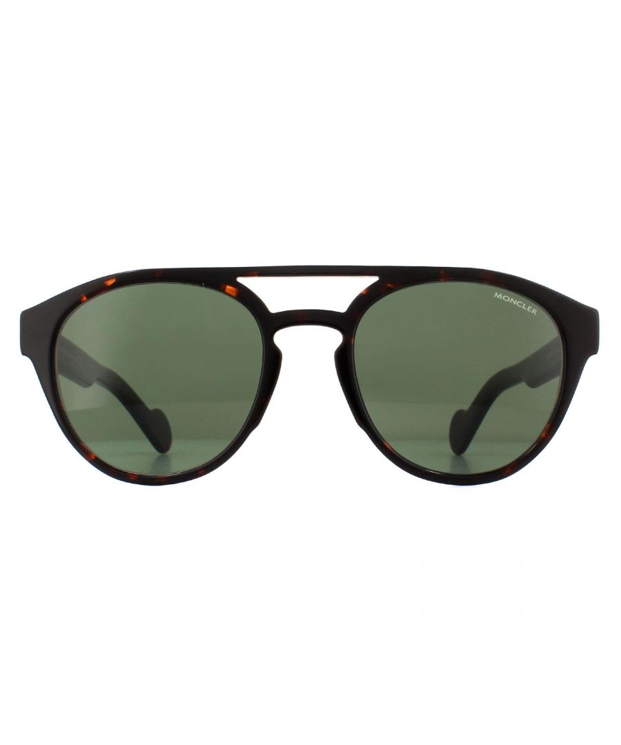 Moncler Sunglasses ML0075F 52N Dark Havana Green are a statement pair with rounded lenses and top bar. The lightweight acetate frame features the Moncler logo on the temples for brand recognition.