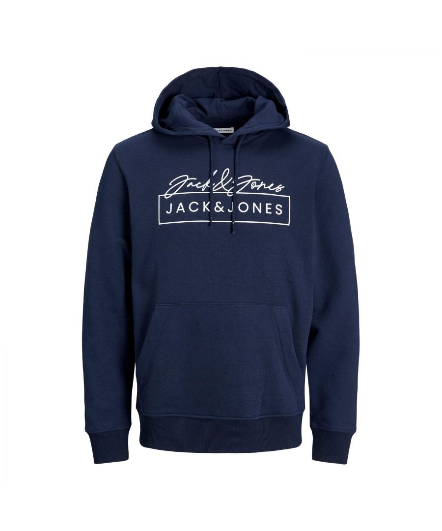 Jack & Jones Jack&Jones Sweat Hood Mens Pullover Printed Logo Hooded Sweatshirt, Navy Cotton - Size Large