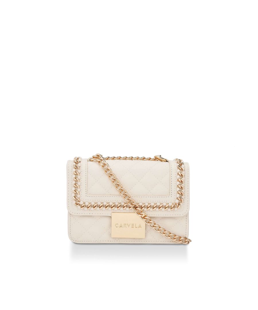 The Mini Bailey Cross Body is crafted in a bone leather alternative with overstitch quilted flap detail. There is a gold tone chain trim as well as gold tone branded plate closure. Dimensions: 13cm (H), 21cm (L), 7cm (D). Strap length: 116cm Strap drop: 59cm.