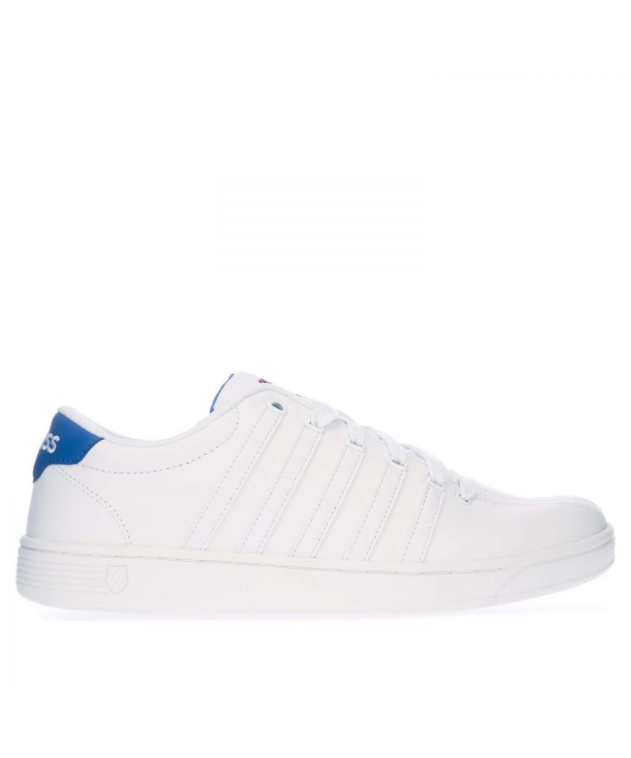 Mens K- Swiss Court Pro II SP CMF Trainers in white blue.-Leather upper.- Lace closure.- Padded tongue and collar.- K Swiss branding to the tongue and heel.- Die-Cut EVA Midsole.- Textile collar lining.- Memory foam insole.- Rubber outsole.- Leather upper  Textile lining  Synthetic sole.- Ref: 03629180