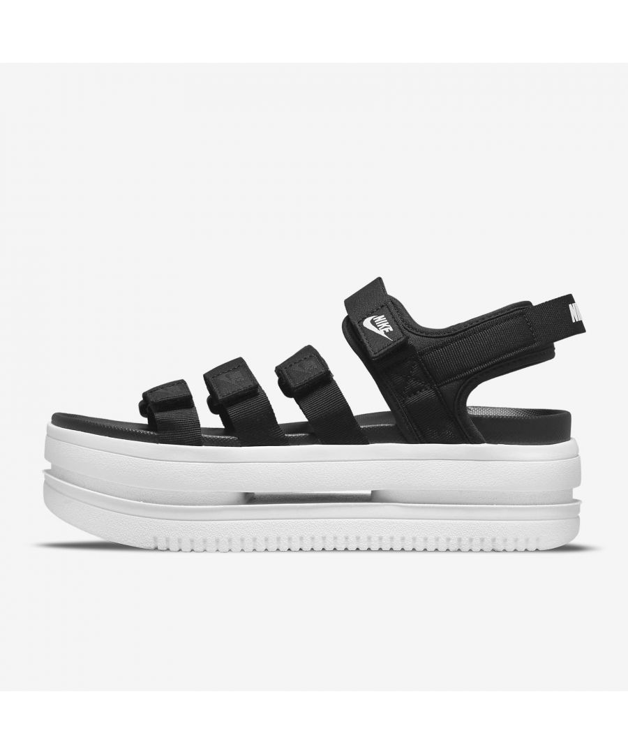 Lifted. Classic hoops detailing. Strappy but easy to wear. Tick all the boxes in the Nike Icon Classic. Its big, bold midsole wows with comfort. The outsole pattern delivers iconic Air Force 1 vibes, while the multiple hook-and-loop straps add a fearless look. Get ready to shine with this new voice in sandal style.\n\nBenefits\nLifted midsole delivers the look you love with the comfort you expect.\nStrappy upper features easy-to-adjust hook-and-loop closures that bring an innovative, fresh and fun look straight out of the box.\nClassic Air Force 1 detailing on the outsole delivers heritage style, traction and durability.\nFoam footbed adds to the comfort.\nColour Shown: Black/White/White\nStyle: DH0223-001