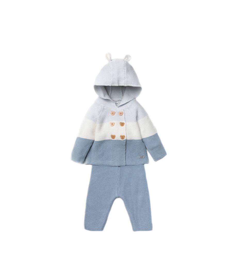 This Rock A Bye Baby Boutique two-piece set features a knitted hooded jacket and pair of trousers. The hooded jacket features a striped gradient, with button-up fastening and adorable 3D ears on the hood! The trousers are designed match. This piece is 100% cotton, keeping your little one comfortable and cosy. This piece the perfect gift for the little one in your life.