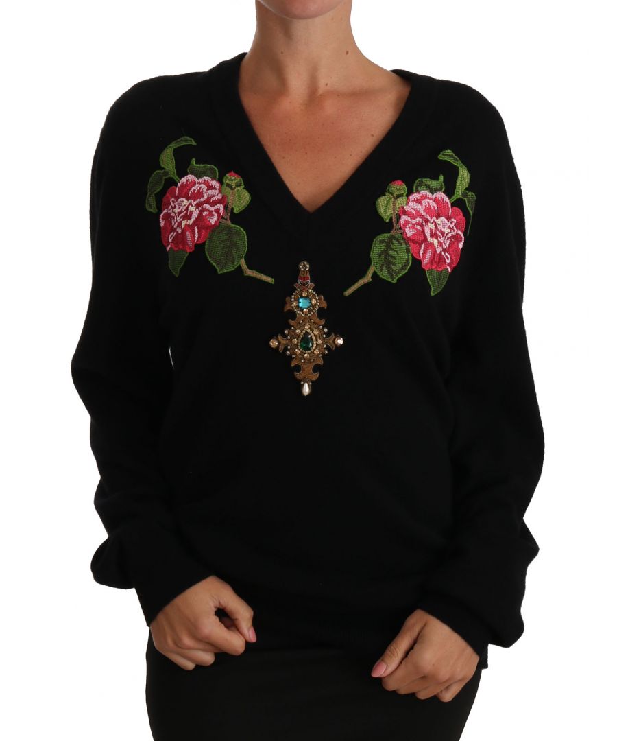 Image for Dolce & Gabbana Black Rose Floral Crystal Cashmere Sweater