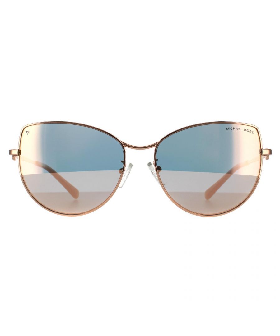 Michael Kors Cat Eye Womens Rose Gold Rose Gold Polarized Sunglasses Michael Kors are a cat eye design with a acetate front frame. Adjustable nose pads ensure a comfortable all day fit. The Metaltemples are etched with the Michael Kors logo for authenticity.