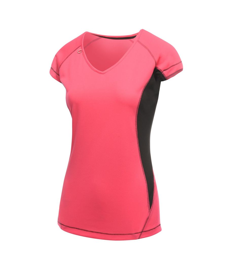 100% polyester. Womens short sleeve t-shirt. Lightweight Isovent pique fabric with natural stretch helps to keep you cool and dry by efficiently wicking sweat to the surface. An  finish keeps you feeling fresher for longer. Made with ergonomic, flat seams and no labels to give â€˜no rubÂ´ active comfort. Streamline panelling gives a high energy look. A compact earphone loop helps to keep you in the zone. Regatta Activewear Womens sizing (chest approx): 8 (32in/81cm), 10 (34in/86cm), 12 (36in/92cm), 14 (38in/97cm), 16 (40in/102cm), 18 (42in/107cm), 20 (44in/112cm), 22 (46in/117cm).