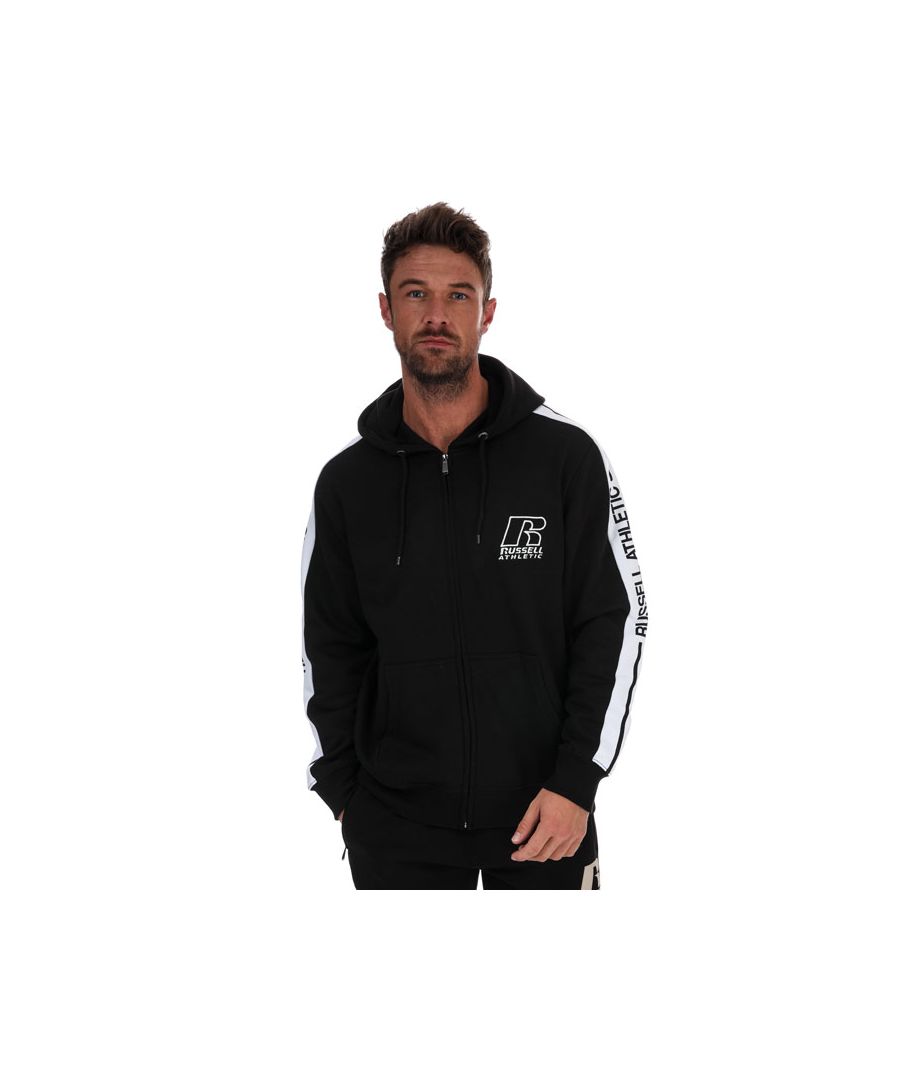 Mens Russell Athletic Zip Hoody in black.- Flat lace drawcord with buttonhole eyelets.- Full zip fastening.- Coverseamed around hood  shoulders  armholes  cuffs and waistband.- Kangaroo pocket.- Long sleeves with ribbed cuffs and hem.- Ribbed cuffs and hem.- Russell Athletic branding at sleeves.- Main material: 60% Cotton  40% Polyester. Machine washable. - Ref: A00792IO099
