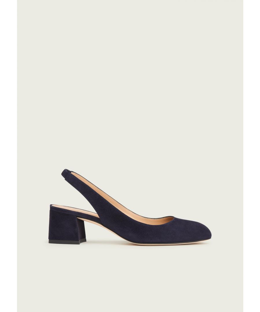 An modern take on a classic slingback, our Trudy slingbacks feature a chic gold heel. Crafted in Spain from beautiful navy blue suede, they have a round toe, a gold block heel and an elasticated slingback. Wear them with tailored trousers or a mini skirt and a knit for a playful, Sixties' feel.