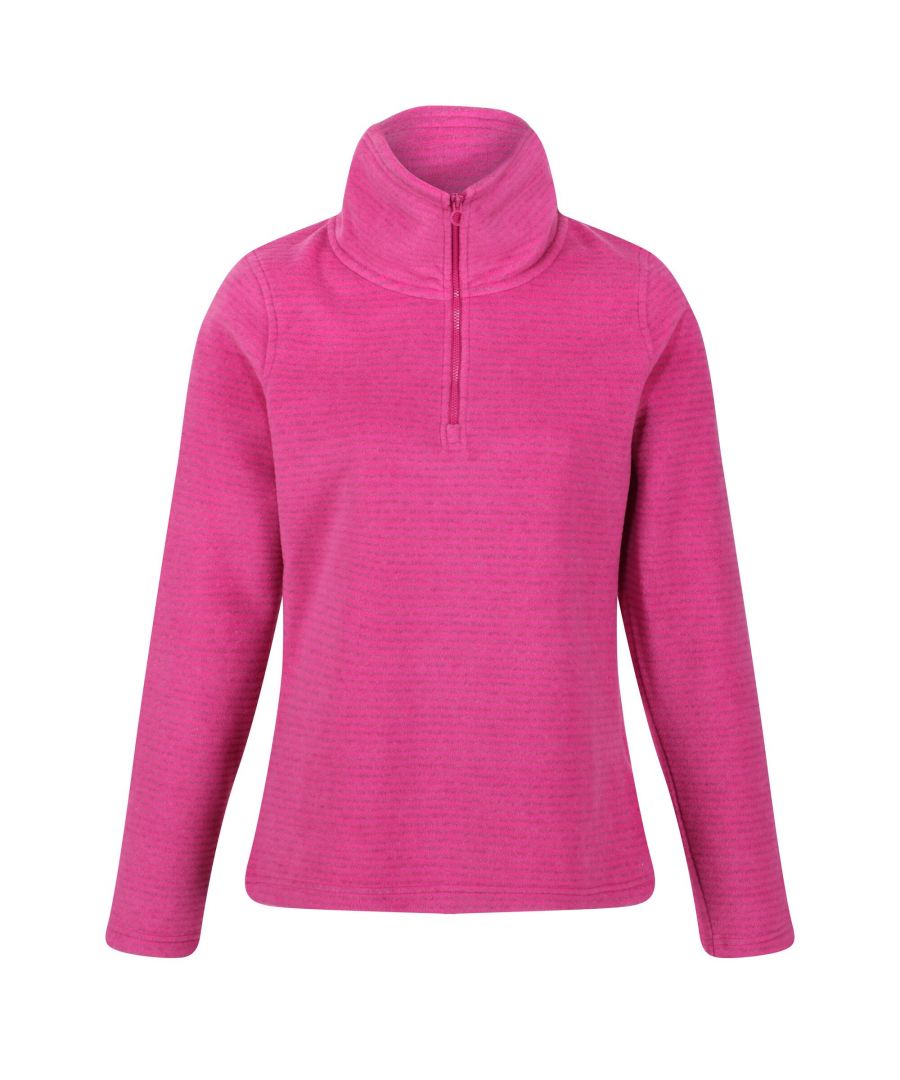 90% Polyester, 10% Viscose/rayon. 240gsm striped Symmetry fleece. Half zipper. Ideal to keep you warm during cold seasons.