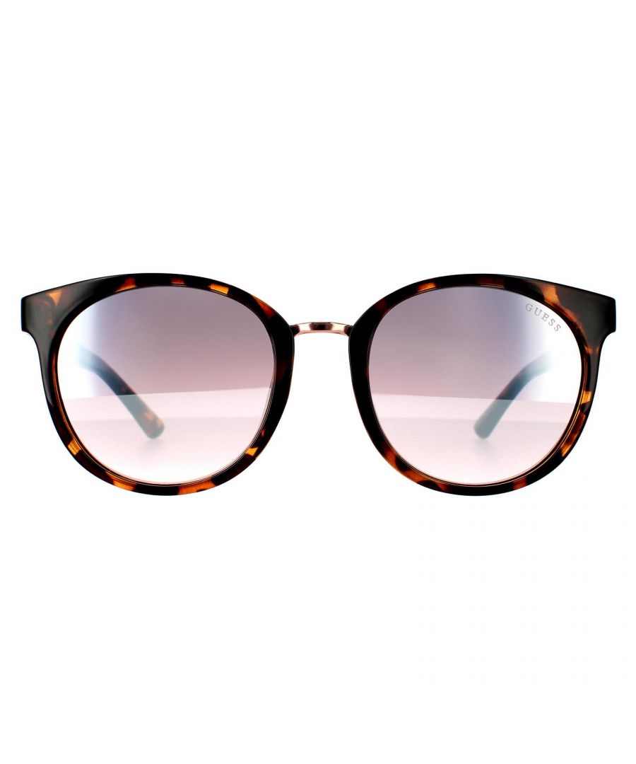 Guess Round Womens Dark Havana Bordeaux Mirror Sunglasses GU7601 are a lovely round style with a cat'e eye lift to the corners and a sublime Guess triangle logo on the temples for that touch of class a brand like Guess adds