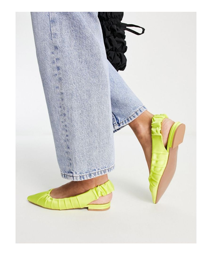 Shoes by ASOS DESIGN Add-to-bag material Ruched design Slingback strap Pointed toe Flat sole Sold by Asos