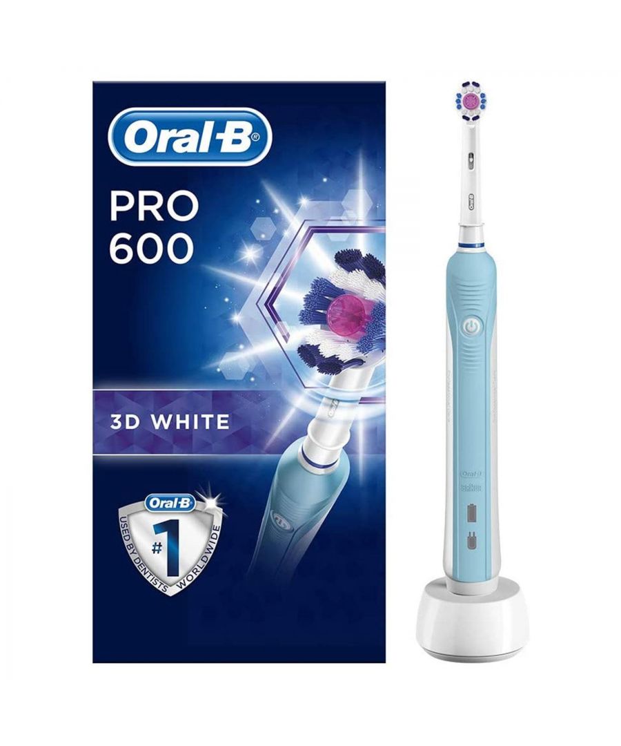 Oral-B Pro 600 3D White Electric Rechargeable Toothbrush.  Achieve a clinically proven superior clean vs. A regular manual toothbrush and whiter smile with the Oral-B Pro 600 3DWhite electric toothbrush. The specialized cup polishes for whiter teeth starting from day 1 by removing surface stains and the round dentist inspired toothbrush head oscillates, rotates and pulsates to remove more plaque vs. A regular manual toothbrush.  Together with the daily clean cleaning mode and an in-handle timer to help you brush for a dentist-recommended 2 minutes, the Oral-B Pro 600 3DWhite is a superior solution for your personalized brushing needs. Oral-B Pro 600 electric rechargeable toothbrush is compatible with the following replacement toothbrush heads: Cross Action, 3D White, Sensi Ultrathin, Sensitive Clean, Precision Clean, Floss Action, Tri Zone, Dual Clean, Power Tip, Ortho Care.\n\nFeatures:\n\nSpecialized cup polishes and whitens teeth starting from day 1 by removing surface stains\nRemoves more plaque than a regular manual toothbrush\nDentist-inspired round brush head oscillates, rotates and pulsates to break up and remove plaque\nRechargeable electric toothbrush with one mode: Daily clean\n30 days risk-free trial: If you're not 100 Percent satisfied, receive a full refund, details on the pack\nOral-B #1 brand used by dentists worldwide\n\nBox Contains: 1 x Oral-B Pro 600 3DWhite Electric Toothbrush, 1 x Handle, 1 x Toothbrush head, charger with UK two-pin plug