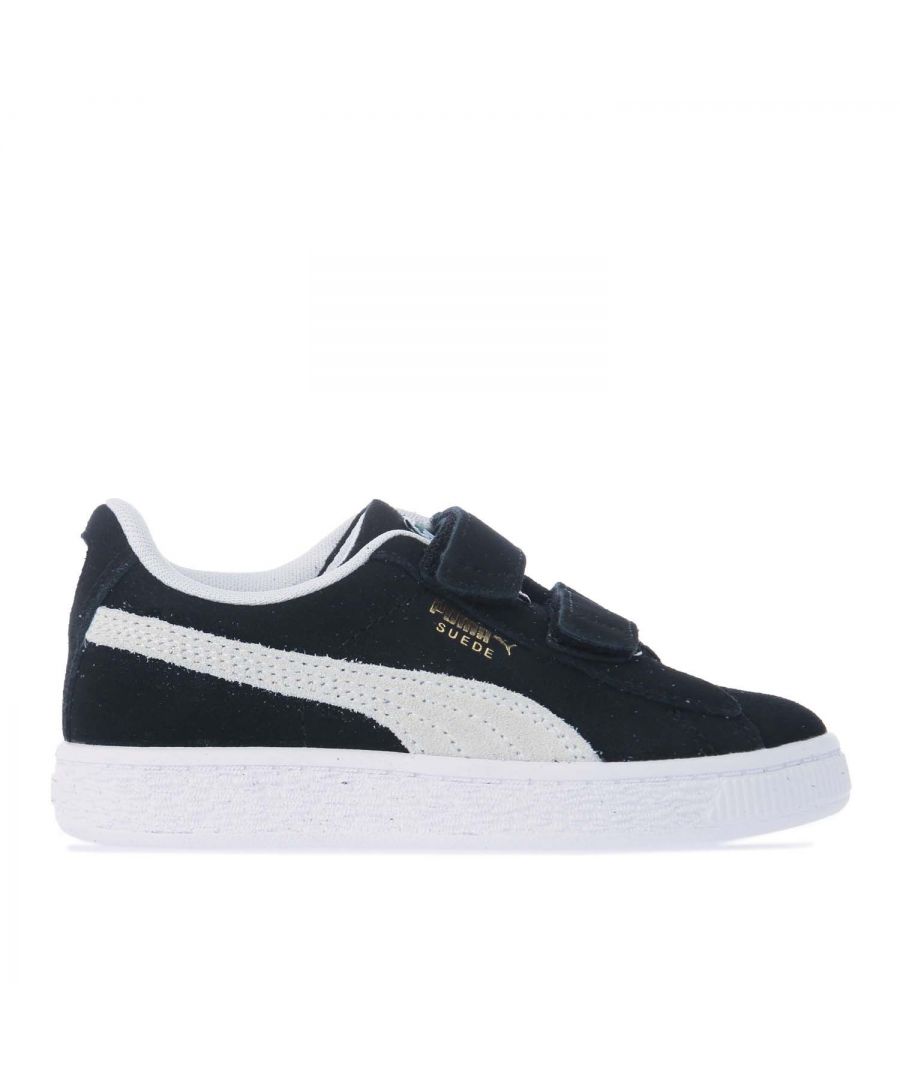 Childrens Puma Suede Classic XXI Trainers in black- white.- Leather and Suede upper.- Hook-and-loop closure for easy on-off.- Cushioned midsole for comfort.- Bootie construction.- PUMA Formstrip at medial and lateral sides.- PUMA No. 2 Logo at lateral sides with Suede callout.- PUMA Archive No. 1 Label at tongue.- Rubber sole.- Leather and Suede Upper  Textile Lining  Synthetic Sole.- Ref: 38056301