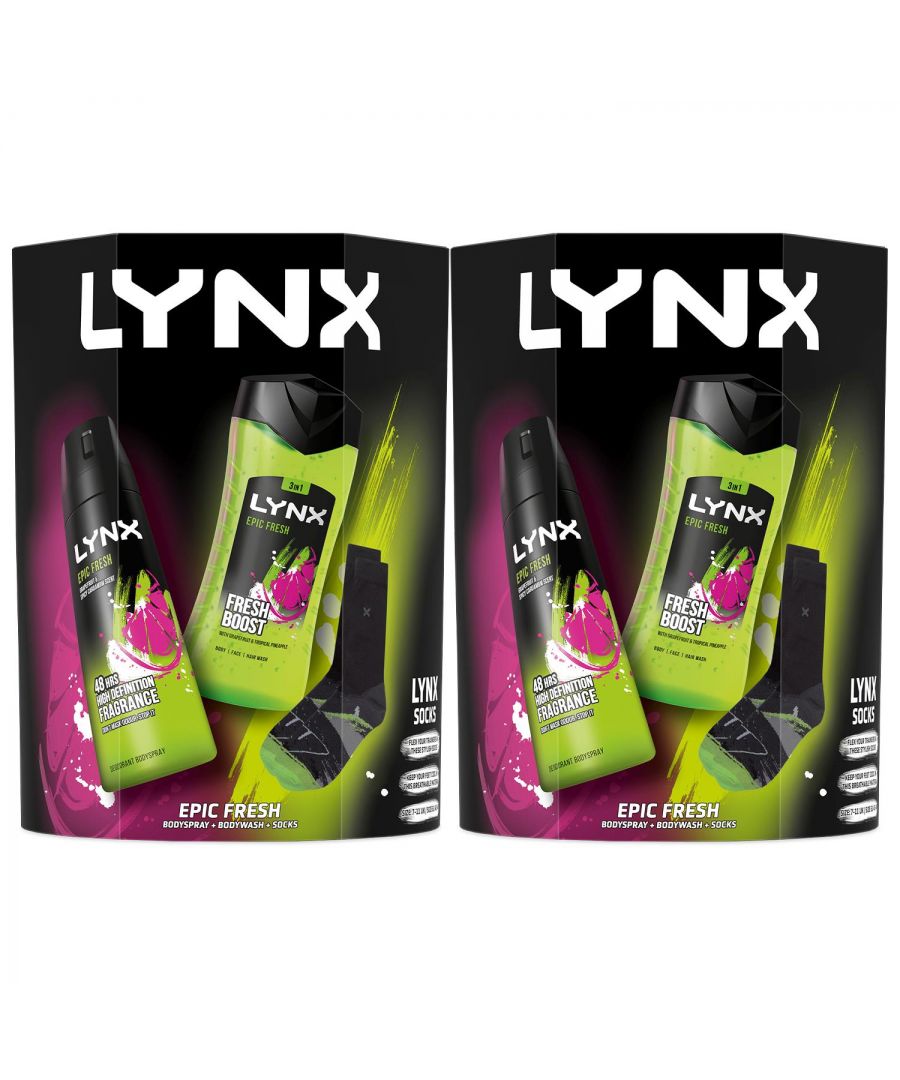 Lynx Epic Fresh Bodyspray Deo & Bodywash 2pcs Gift Set For Men with Socks, 2pk\n\nSo, you need to get him a gift. Something he’ll actually use. Something like... a LYNX Gift Set. A gift so popular it’s a living legend. It’s the front runner. An absolute winner of a gift. It’s the LYNX Epic Fresh Duo & Socks Gift Set. Son, brother, husband, dad, uncle, cousin... whoever you’re buying for, there’ll be no fake happiness when he unwraps this bad boy. Trust us. Teaming full-size LYNX Epic Fresh Bodyspray and Bodywash together, this set of gifts for him features a vibrant grapefruit and tropical pineapple scent to help him kick-start his day with a powerful blast of zesty freshness. The gift set comes complete with a pair of LYNX Epic Fresh socks to match the stylish scent.\n\nBody Spray 150ml: The bodyspray has got him covered with its 48-hour high-definition fragrance. Our revolutionary dual-action technology fights odour-causing bacteria to help him bust odour and smell incredible for 48 hours.\n\nBodywash 225ml:  The body wash washes away odour, leaving him to decide how to play his 12 hours of freshness. Plus, it contains 100% plant-based moisturisers for naturally soft and silky skin. The body wash is a 3-in-1 body, face, and hair wash that delivers a boost of freshness to kick-start his day. LYNX Epic Fresh Shower Gel transforms your shower from ordinary to extraordinary with a fresh boost.\n\nLynx Socks: The gift set comes complete with a pair of LYNX Epic Fresh socks to match the stylish scent. Epic Fresh designs socks add a subtle pattern to any outfit.\n\nHow to Use:\n\nBody Wash: Squeeze some body wash into your hand. Work it into a lather with wet hands and massage all over your skin.\nBodyspray: Hold the can 15cm from the body and spray.\n\nGift Set Includes: \n1x Lynx Epic Fresh Bodywash 225 ml \n1x Lynx Epic Fresh Bodyspray 150 ml\n1x Lynx Epic Fresh socks