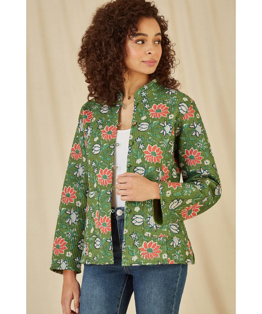 Yumi Womens Green Floral Print Reversible Cotton Quilted Jacket - Size 10 UK