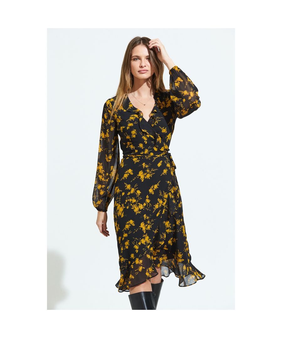 Image for Black & Gold Floral Ruffle Detail Wrap Dress