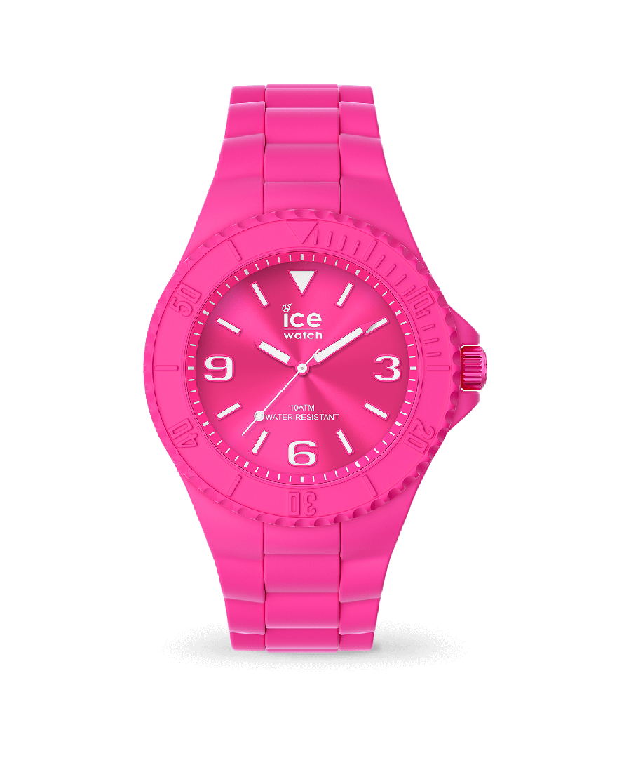 This Ice Watch Ice Generation - Flashy Pink Analogue Watch for Women is the perfect timepiece to wear or to gift. It's Pink 40 mm Round case combined with the comfortable Pink Silicone will ensure you enjoy this stunning timepiece without any compromise. Operated by a high quality Quartz movement and water resistant to 10 bars, your watch will keep ticking. The classic colours will go great with any outfit . It enables you to easily spice up a normal outfit and add style to your life. The watch has a function: Luminous Hands, Luminous Numbers. High quality 19 cm length and 20 mm width Pink Silicone strap with a Buckle. Case diameter: 40 mm, case thickness: 10 mm, case colour: Pink and dial colour: Pink.