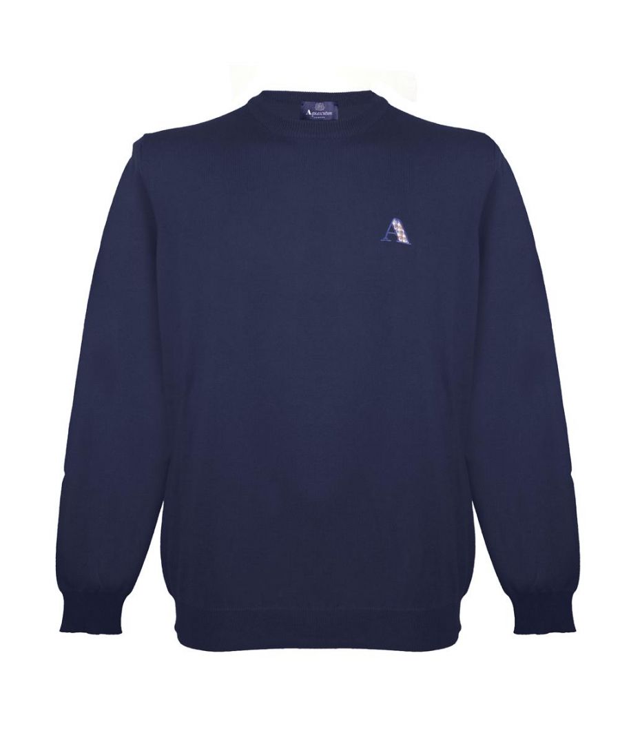 Aquascutum Check A Logo Navy Blue Jumper. Aquascutum Check Logo Navy Blue Knitwear Sweater. 85% Cotton, 15% Wool. Branded A In Classic Check On Left Chest. Regular Fit, Fits True To Size. 2026RE 01