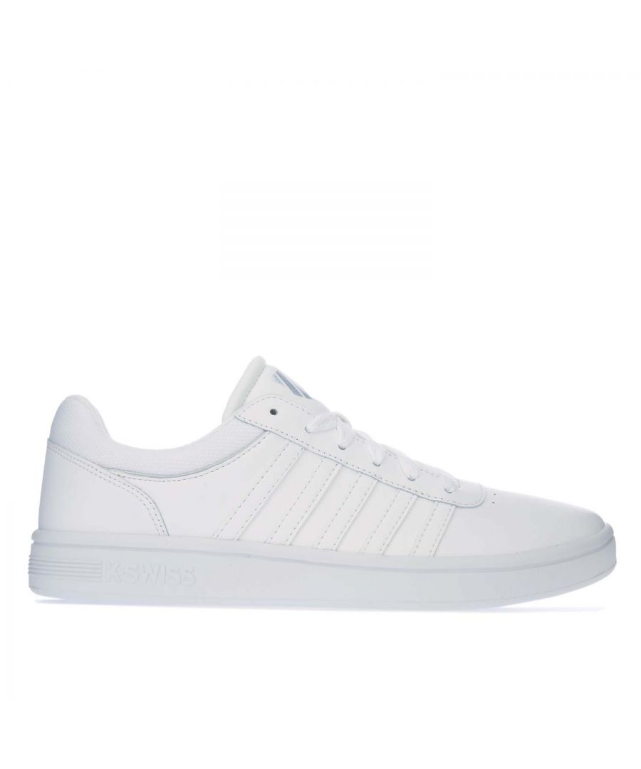Mens K- Swiss Court Cheswick Trainers in white.-Leather upper.- Lace closure.- Lightly padded tongue  shaped and lightly padded ankle collar.- K Swiss branding.- Leather overlays distinguish K-Swiss’ hallmark five stripes.- Textile collar lining.- Cushioned insole.- Branded rubber cupsole and tonal laces.- Leather upper  Textile lining  Synthetic sole.- Ref: 05585101