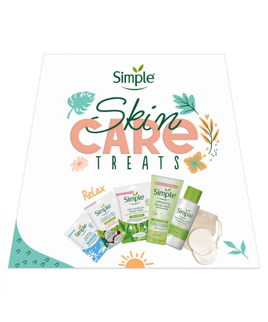 Simple Kind to Skin Face Cleansing Skin Care Treats 5pcs Gift Set For Her\n\nKnow someone who is totally and utterly into taking care of their skin in the kindest way possible? The Simple Skin Care Treats Gift Set will make their entire day. At Simple, we understand that all skin can be sensitive at times. Right from the get-go, the Simple philosophy has always been about being kind to skin, even the most sensitive.\n\nWater Boost: This hydrating face mask sheet is the perfect antidote to fight dry, rough, tight, dull-looking skin and dry, dehydrated lines. A perfect blend of skin-loving ingredients, enriched with minerals and plant extract to quench and hydrate thirsty skin, leaving it supple and dewy-fresh. Our Simple sheet masks are suitable for even sensitive skin\n\nCoconut Water: Simple Kind to Skin Coconut Water Hydrating Sheet Mask gives you 30 days' worth of moisturiser in just one use. This full face mask is infused with coconut water, a blend of 8% prebiotic & probiotic ferment, and vitamin B5 and is suitable for sensitive skin. Simple Coconut Water Hydrating Sheet Mask is made from soft, biodegradable fibres to perfectly hug your face\n\nRich Moisture: Kind to Skin Rich Moisture Sheet Mask boosts skin moisture for naturally healthy-looking skin – no mess, no need to rinse.\n\nFacial Wash: The simple moisturising facial wash is not a regular exfoliator. Made with skin-loving ingredients such as vitamin B5, vitamin E, and triple purified water, it also provides instant hydration.\n\nMoisturiser: Hydrating light moisturiser contains pro-vitamin B5, vitamin E and niacinamide to keep skin feeling soft, smooth and perfectly hydrated for up to 12 hours\n\nGift Set Includes: \n3x Kind to Skin Sheet Mask\n1x Refreshing Facial Wash, 50ml\n1x Hydrating Light Moisturiser, 50ml\n2x Cleansing Cloths