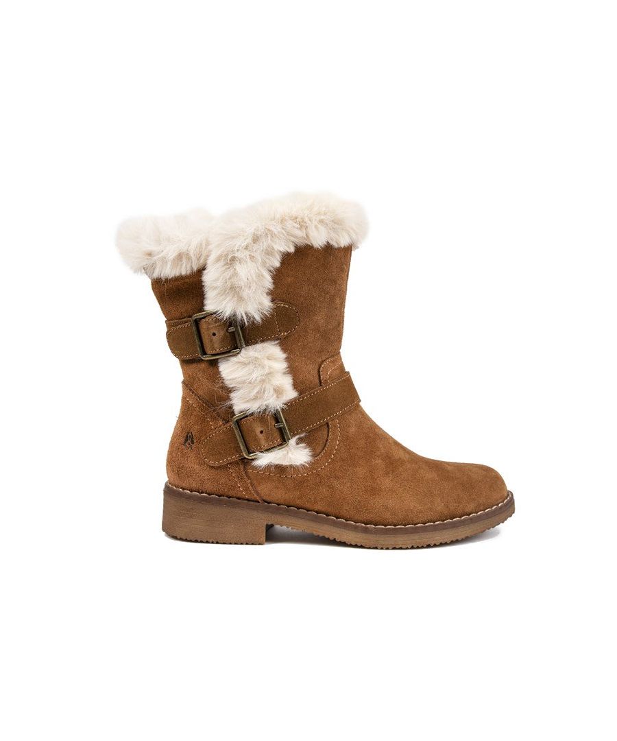 Womens tan Hush Puppies macie boots, manufactured with synthetic and a synthetic sole. Featuring: heel height 2cm, soft faux fur collar detail, buckle strap detail and inside zip.