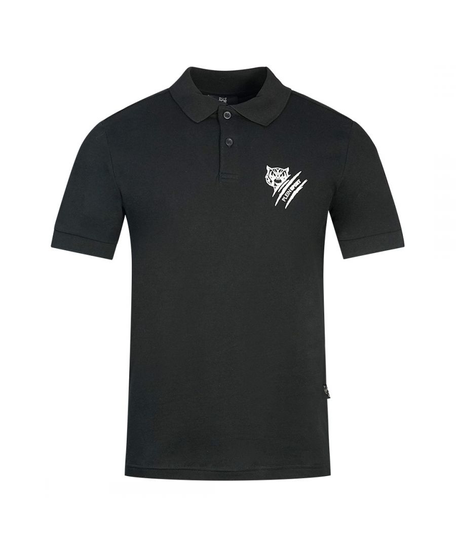 Plein Sport Tiger Slash-logo zwart poloshirt. Philipp Plein Sport zwart poloshirt. Stretch pasvorm 95% katoen, 5% elastaan. Knoopsluiting. Badges met Plein-merk. Stijlcode: PIPS1200 99