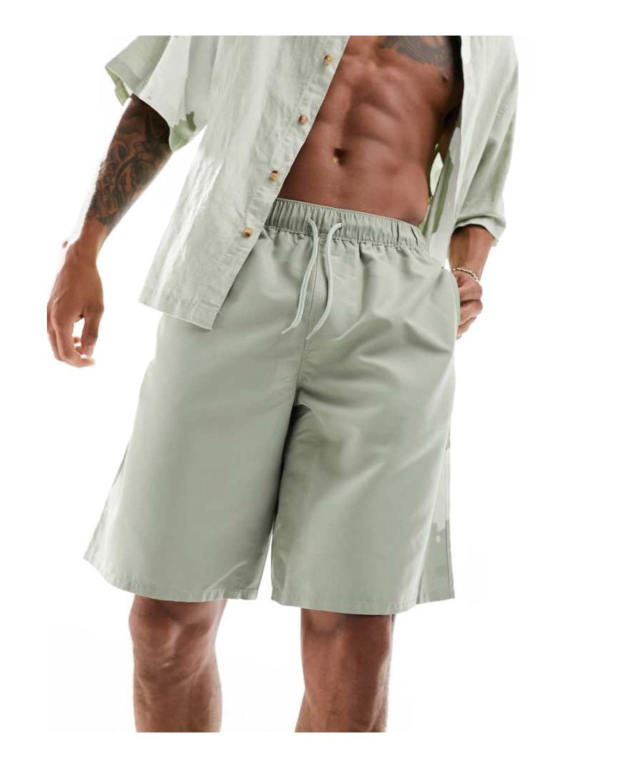 ASOS DESIGN Mens swim shorts in long length in light khaki-Green - Size Small