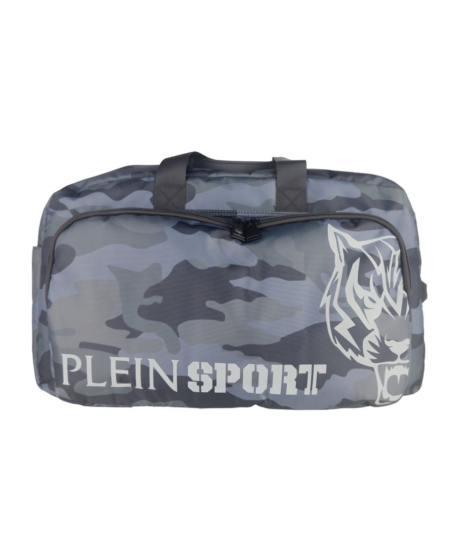 Plein Sport duffle bag in camouflage print technical fabric with grey logo, external pocket with zip closure, internal pockets, grip handles and adjustable shoulder strap Size: 54x28x33 cm