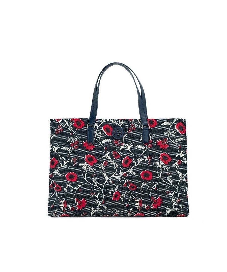 Style: Tory Burch (139366) Medium Retro Batik Print Shoulder Tote Bag (Navy Red)\nMaterial: Nylon with Smooth Leather Trim\nFeatures: Inner Zip and Slip Pockets, Fabric Lined, Magnetic Closure, Lightweight\nMeasures: 42.54 cm W x 30.48 cm H x 15.24 cm D Nylon/Leather