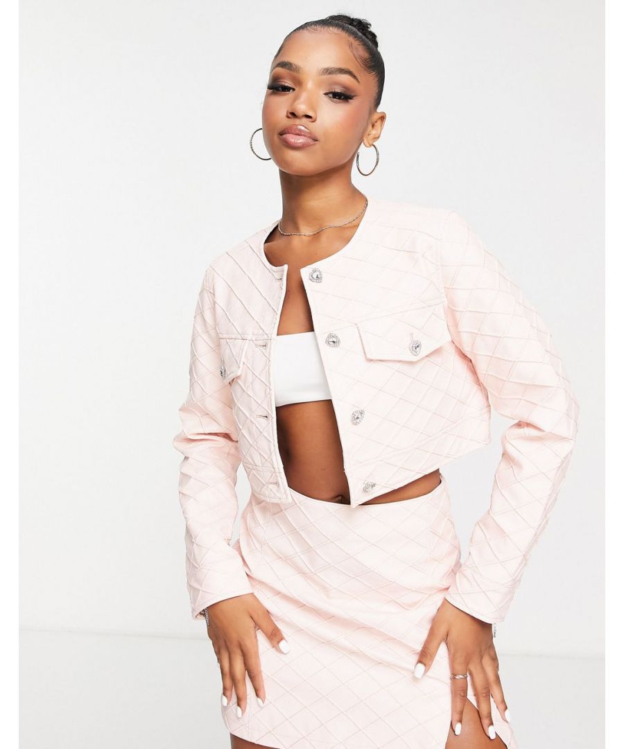 Coats & Jackets by Miss Selfridge Throw-on appeal Crew neck Diamante-embellished button placket Cropped length Boxy fit Sold by Asos