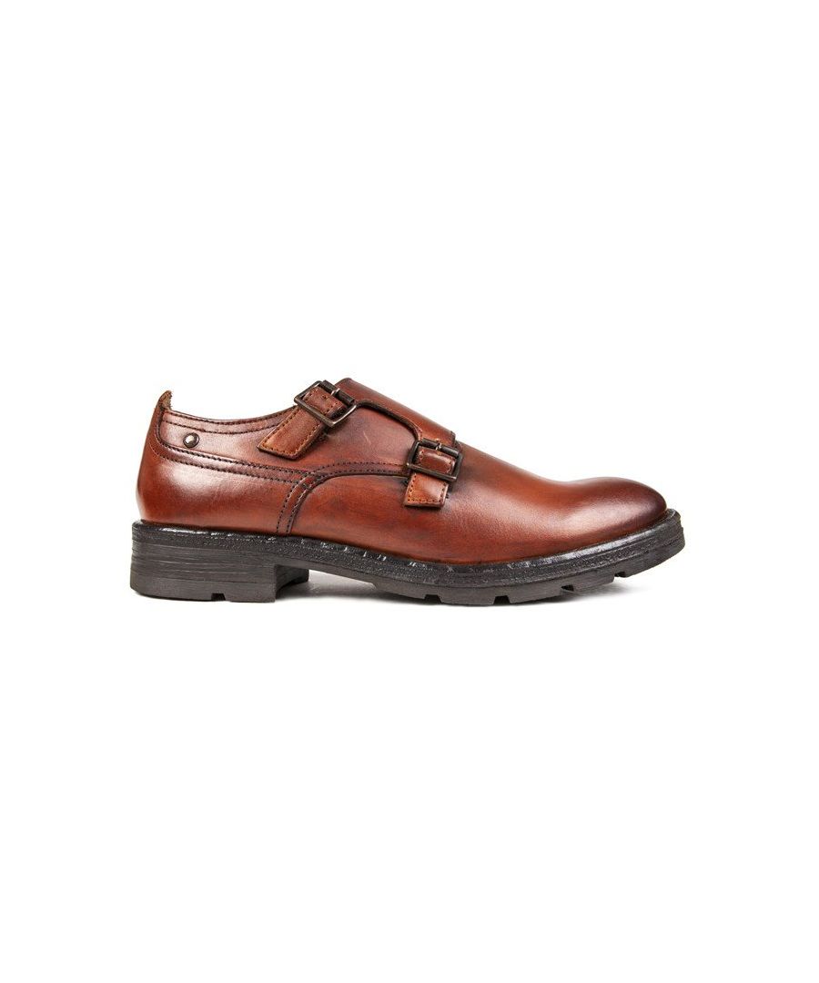 Men's Mid-brown Base London Grant Leather Shoes Featuring Double Buckle Saddle Fastening, Stitch Details And Branded Heel And Tab. These Premium Formal Shoes Have A Printed Sock, Cushioned Foam Footbed And Synthetic Black Chunky Sole.