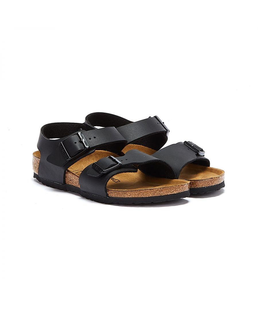 Made in Germany, the New York by Birkenstock offers small feet maximum stability, thanks to its heel strap design. The two wide adjustable straps and contoured cork footbed provide a custom fit, whilst an EVA sole gives lightweight cushioning and shock absorption. This iteration features a birki buc upper - a durable, synthetic upper material with a nubuck leather-like texture and soft backing. \n\n- Branded buckle closures\n- Suede lined footbed