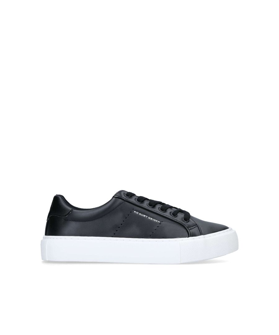 Delivered in black, KG Kurt Geiger's Wilson is a direct hit on sportive styling. This low-top trainer features tonal eyelets, a contrast rubber outsole and subtle perforations accented by branding at the quarter. Slip it on with weekend denim or add a confidently laid-back touch to tailoring.