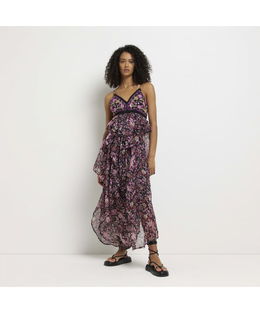 > Brand: River Island> Department: Women> Colour: Black> Style: Midi> Material Composition: 100% Polyester> Material: Polyester> Neckline: V-Neck> Sleeve Length: Sleeveless> Dress Length: Midi> Pattern: Floral> Occasion: Casual> Size Type: Regular> Season: AW22