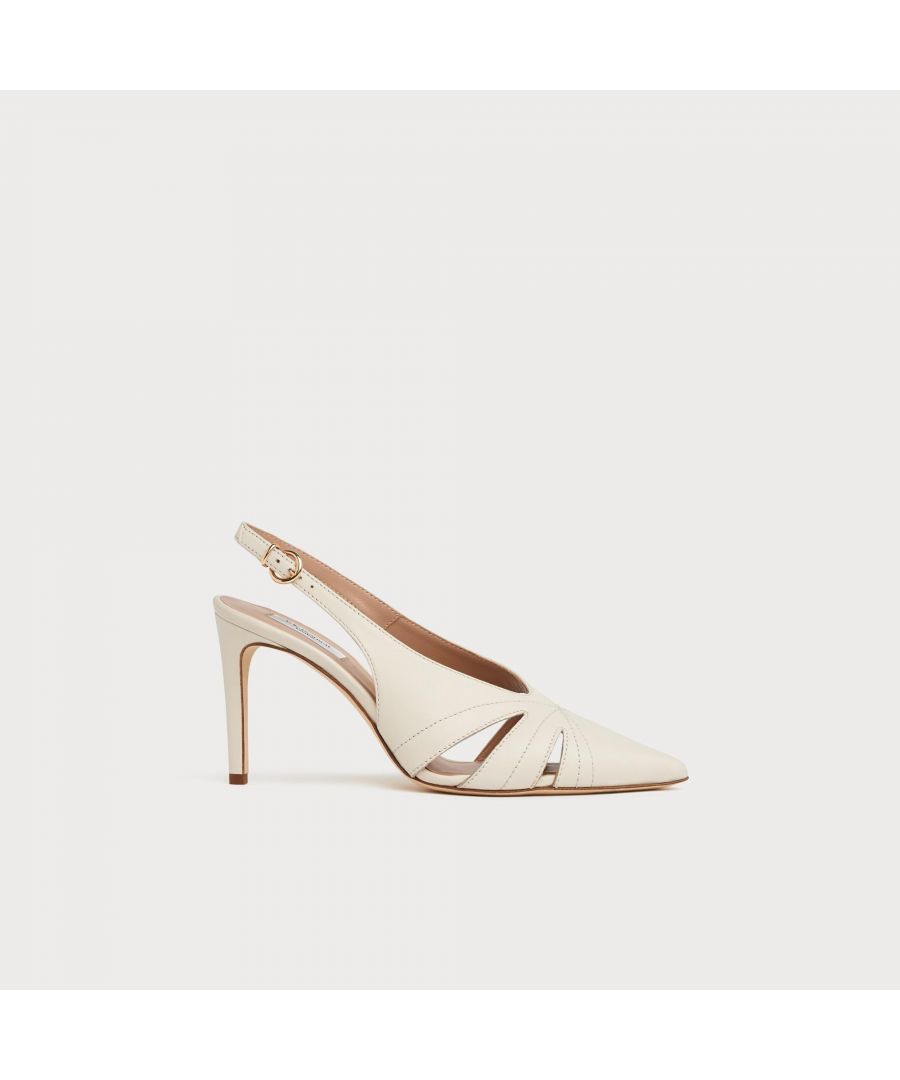 A brand new style this season, our Helena shoes are a summery take on a classic court. Crafted in Italy from beautiful nappa leather in a creamy hue, they have a pointed toe, cut-out and stitch detail, a buckle slingback and an 85mm stiletto heel. Ideal for the spring/summer occasion season and parties, they look great with floaty silk dresses or more tailored pieces.