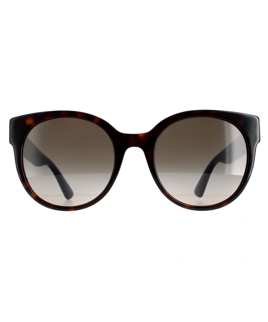 Gucci Cat Eye Womens Havana with Blue and Red Brown Gradient GG0035SN Sunglasses are a classic oval style crafted from thick acetate. The frame is lightweight and comfortable with a distinctive pattern on the temples and a metal GG logo for instant brand recognition.