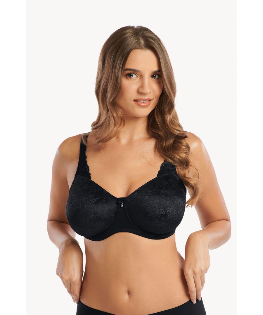 This underwired, padded bra from the Lisca ‘Jane’ range is soft and comfortable. This minimiser bra features smooth seamless cups with jaquard style floral fabric. The cups provide strong support and offer a great fit, the bra reduces the bust appearance by up to one cup size without affecting comfort or movement. The soft straps are decorated in part with elastic lace on straps. Fastening band and straps are adjustable and wider in larger sizes.