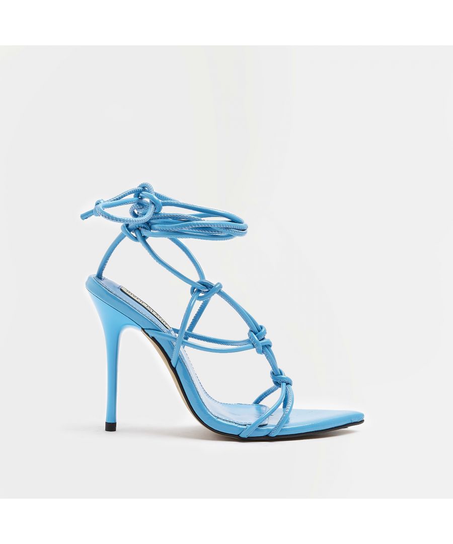 > Brand: River Island> Department: Women> Colour: Blue> Type: Sandal> Style: Strappy> Material Composition: Upper: Leather, Sole: PU> Upper Material: Leather> Pattern: No Pattern> Occasion: Casual> Shoe Width: Standard> Toe Shape: Open Toe> Heel Style: Stiletto> Heel Height: Very High (Over 10 cm)> Season: SS22